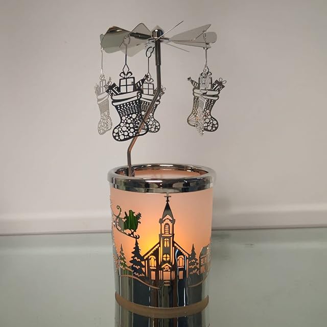 Rotating Candle Holders Spinning Tealight Holder Carousel Silver Reindeer Aroma Candleholders with Sliver Plated Christmas Decoration for Home, Spa, Gift for Mom Wife Birthday-6 ¼ Inch Tall (RT-G01)
