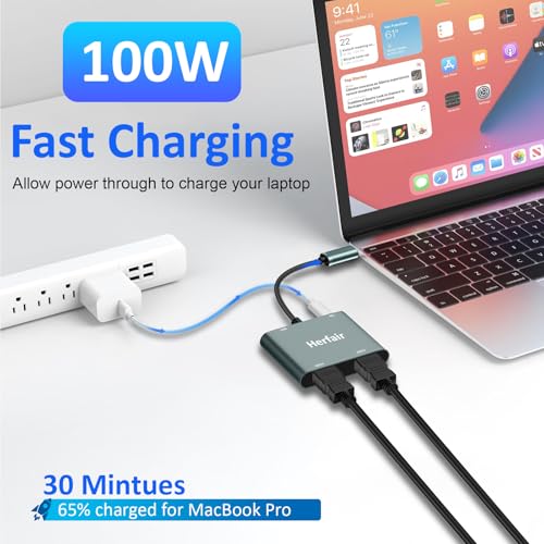 USB C to Dual HDMI Adapter 4K@30Hz, 4-in-1 USB C Hub Multiport Adapter,HDMI Splitter for Dual Monitors with 100W PD & USB 3.0 Port, Type-C to HDMI for USB-C Devices with DP Alt Mode — view 6