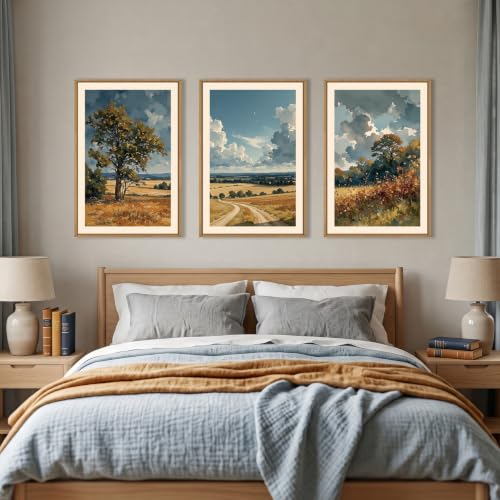 Image of KAIRNE Vintage Country Landscape Framed Canvas Wall Art,Watercolor Pastoral Tree Wall Decor,Neutral Fall Scenery Art Prints,Retro Field Wilderness Artwork for Living Room,Bedroom,Farmhouse-16 x24 x3