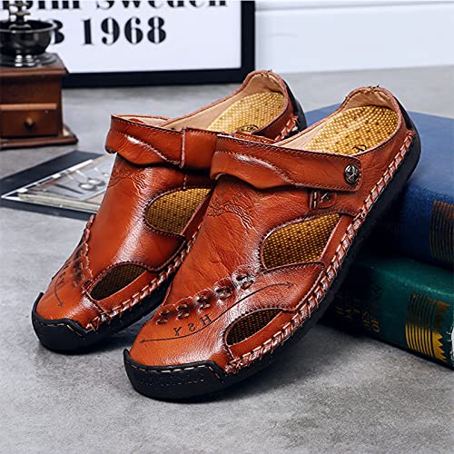 Wygwlg Summer Men's Sandals Breathable Beach Sandals, Genuine Leather Soft Breathable Shoes,Red brown-462