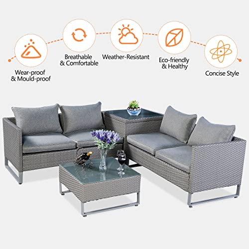 Image of DEVOKO Handwoven Wicker 4 Seater Sofa Set with Glass Top Center Table and Side Table for Living Room Conversation Set with Cushion for Home and Outdoor (Grey)