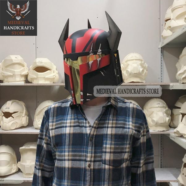 Medieval Mandalorian Gar Saxon Helmet Cosplay Props Replica Adult Halloween Costume Accessory, 8X9X26 Inches, Black & Red, US303