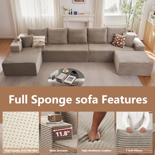 Image of Oversized Modular Sectional Sofa Couch, Large 6 Seater Corner Sofa Modern U Shaped Sectional Couch Cloud Couches for Living Room, Office, Spacious Space, Corduroy, No Assembly Required, Camel
