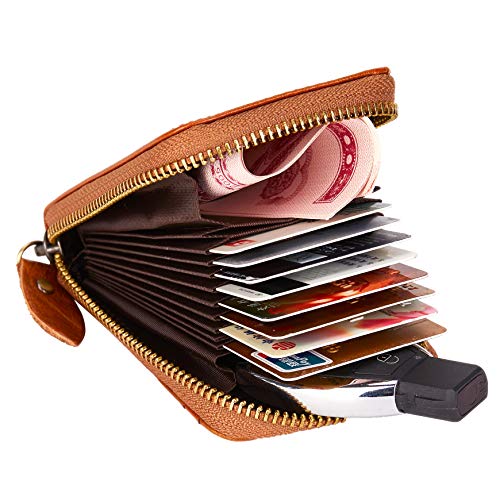Image of Vintage Handmade Full Leather Front Pocket Wallet RFID Blocking Multi Card Case with Zipper Pocket for Men Women with Box Packing (Brown)