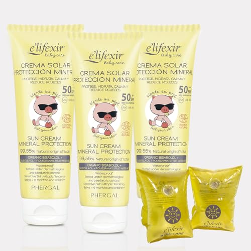 Elifexir Baby Care | Crema Solar Mineral Niños y Bebés | Protector Solar UVA, UVB e IR A SPF 50+ | Filtros 100% Minerales | 99% Ingredientes Naturales | Resistente al Agua | Pack de 3 + Manguitos