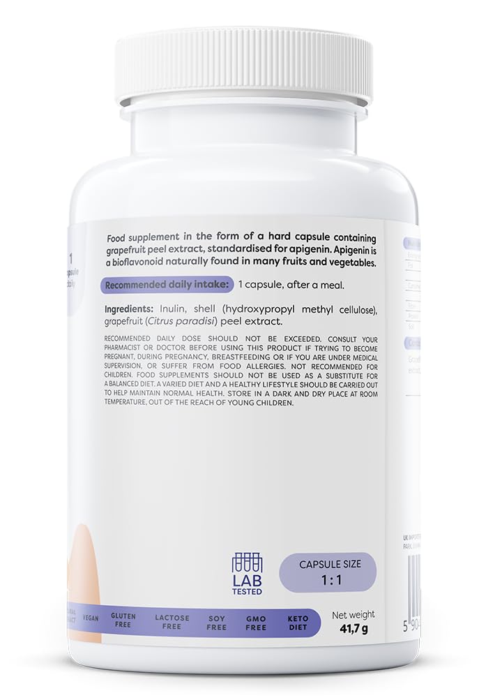 Osavi Apigénine 50 mg – 120 Gélules Véganes | Extrait d’écorce de pamplemousse standardisé (90% apigénine) | Bioflavonoïde d’origine végétale | Formule clean | Convient aux végans & keto