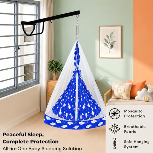 Image of VParents Sleeping Essentials with Mosquito Net & Spring with Window Stand, Sunny (Blue)