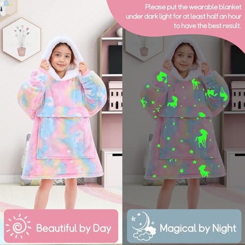 yescool Wearable Blanket Hoodie Kids Glow in the Dark, Oversized Blanket Sweatshirt with Sherpa Teen Girl Gifts for Girls,Boys, 8-15 Year Old Girl Boy Gift Warm Wearable Blankets, One Size, Unicorn