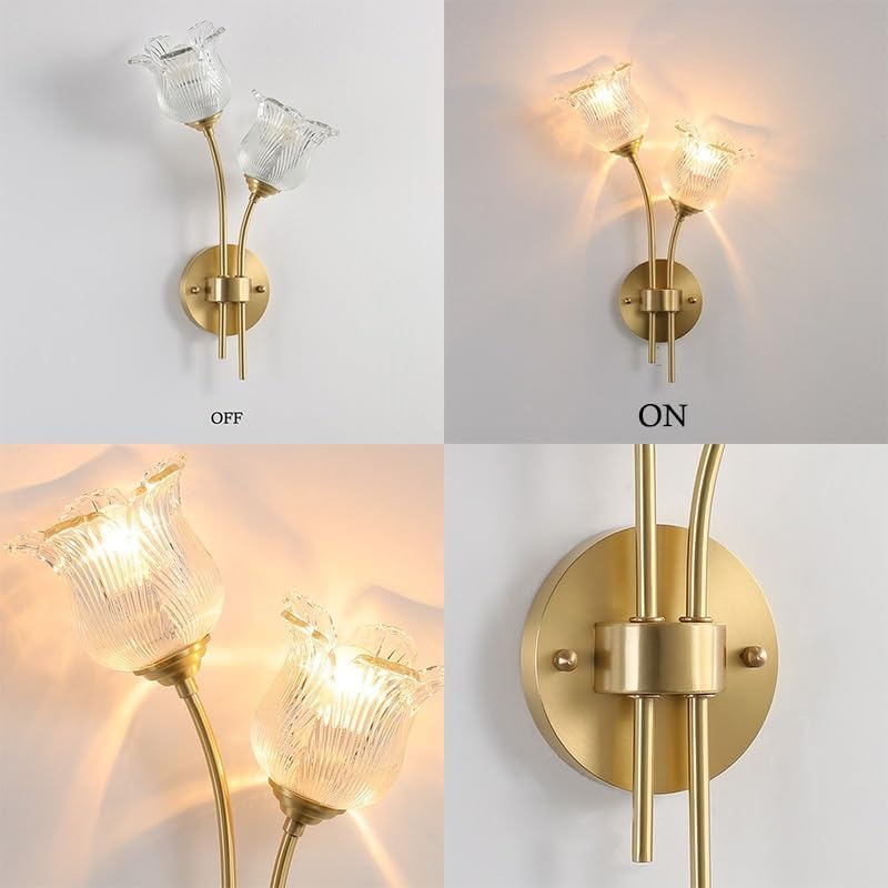 Applique da Parete per Interni, Camera da Letto, corridoio 2 - Paralume in Vetro Moderno a Forma di Fiore, Camera dei Bambini, Lampada da Parete Doppia Dorata nordica per Comodino