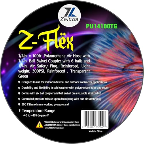 Zeluga Z-Flex Industrial Interchange with Ball Coupler and Air Safety Plug Reinforced Polyurethane Air Hose 300 PSI (Transparent Green 1/4in. x 100ft.)