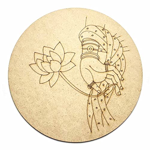 Image of Adikala Lotus & Hand MDF Engraved Design Wall Plate Base with Frame Cutout for DIY Craft 8.Inch