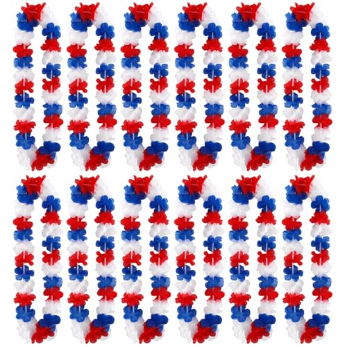 Suncalla 12 Pcs Patriotic Leis Red White and Blue Flower Leis 4th of July Garlands Hawaiian Luau Flower Necklaces Bulk for Fourth of July Memorial Day Independence Day Decorations Party Favors