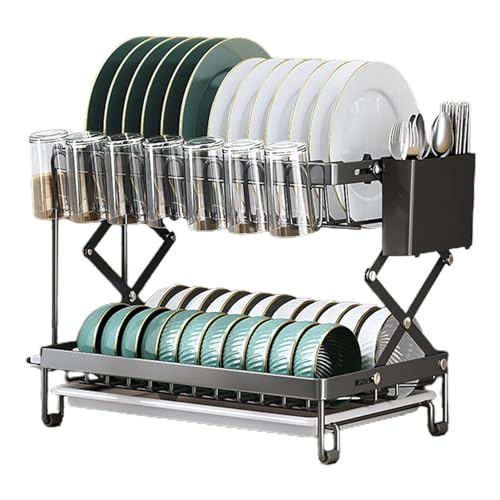 Dish Drying Rack - 2 Tier Utensils Drainer | Large Capacity Folding Dish Organizer with Utensil Holder for Kitchen