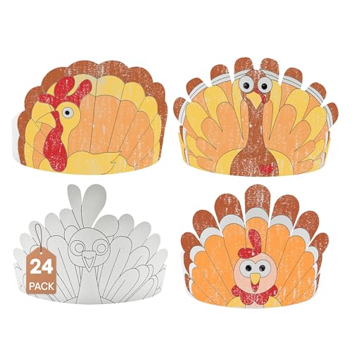 4E's Novelty Thanksgiving Coloring Paper Crowns, 24 Pcs Thanksgiving Hat Decorations, Color Your Own Turkey Headband Adjustable Thanksgiving Craft for Kids for Fall School Friends Giving Activities