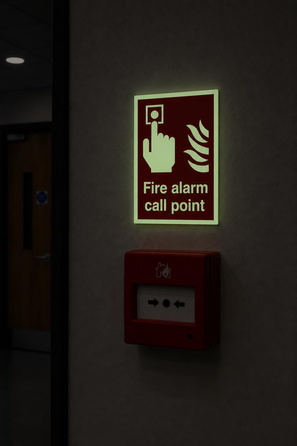 Fire alarm call point safety sign - 150mm x 100mm 1.2mm Photoluminescent rigid plastic with self adhesive backing