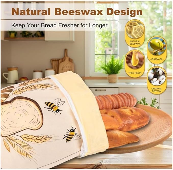 Bienenwachs-Brotbeutel, wiederverwendbar, Bio-Baumwolle, Aufbewahrung mit Roll-Top-Siegel, hält hausgemachten Sauerteig frisch, praktischer Küchen-Organizer, 2 Stück