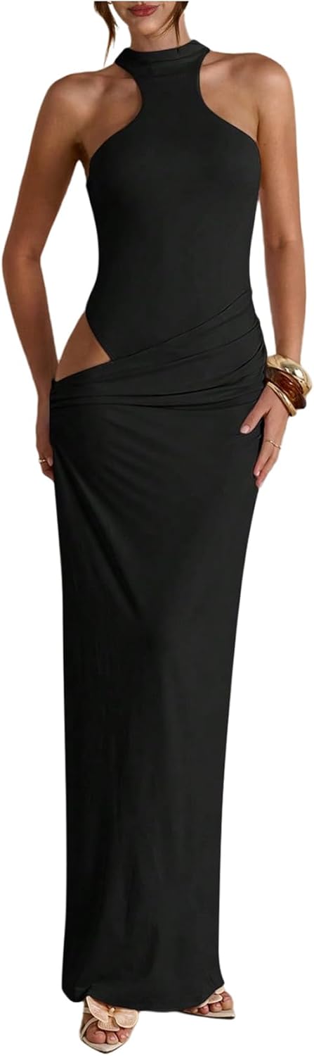 GORGLITTER Women's Cut Out Ruched Wrap Bodycon Maxi Dress Sleeveless Halter Going Out Cocktail Long Dresses