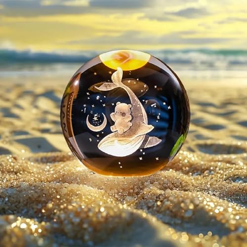 Image of Hamsa Crystal Ball Night Light - 2.4 Inch 3D Dolphin with Teddy Bear LED Lamp with Wooden Base | Gift for Women, Men, Kids | Decorative Bedside Light | Valentine & Birthday Gifts