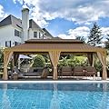 YOLENY 12' x 24' Gazebo, Wood Grain Aluminum Frame Pergola with Double Galvanized Steel Roof, Outdoor Permanent Metal Pavilion with Curtains and Nettings for Patio, Backyard and Deck
