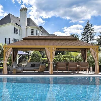 YOLENY 12' x 24' Gazebo, Wood Grain Aluminum Frame Pergola with Double Galvanized Steel Roof, Outdoor Permanent Metal Pavilion with Curtains and Nettings for Patio, Backyard and Deck