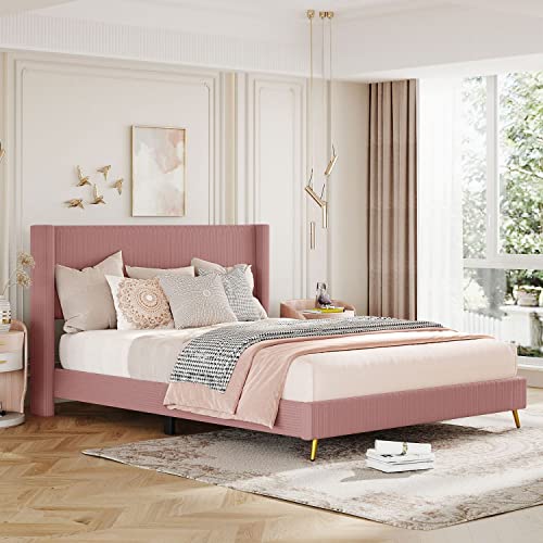 Queen Size Platform Bed, Corduroy Upholstered Platform Bed With Metal Legs & Headboard, Low Platform Bed Frame With Sturdy Wood Slats Support For Living Room Bedroom, Pink #TOP29