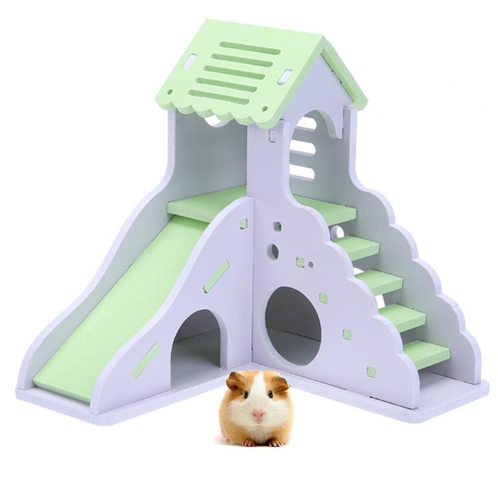 Cage à Hamsters Coloré Mini Eco-Board Glissière en Bois DIY Assembler Hamster Maison Petits Animaux Pet Jouet Double Escalier-Style Château Pavillon Villa(Green)