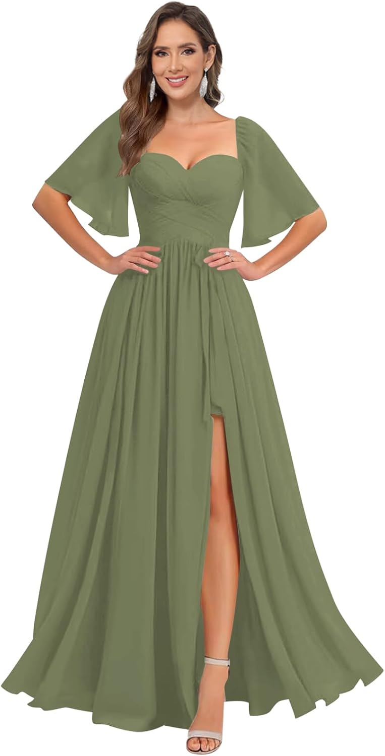 Women's Chiffon Bridesmaid Dresses V Neck Flutter Sleeve Pleated A Line Long Formal Evening Gowns with Slit