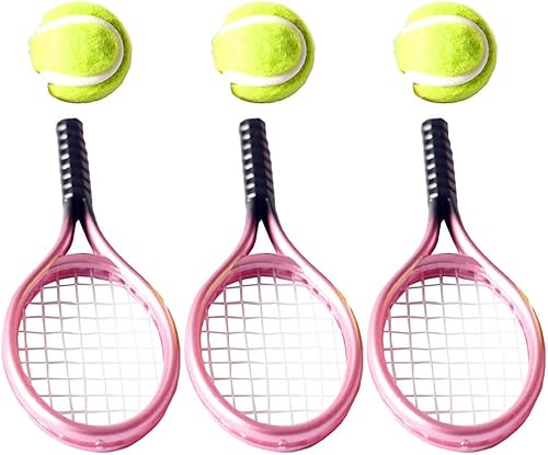 Miniatura 9 de STOBOK Juego de 3 juegos de raqueta de tenis y pelota 112 en miniatura, juego de mini raqueta de tenis, juguetes para casa de muñecas, accesorios
