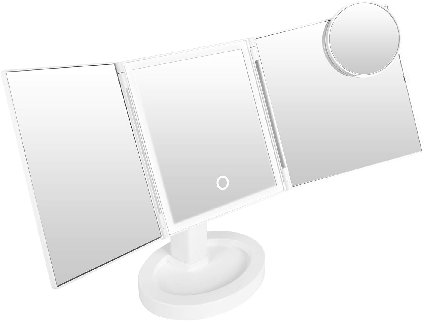 Upgrade LED Makeup Mirror with Extra Bright LED Lights, Dimming Height Adjustable Lighted Vanity Smart Touch Adjustable 360 Rotation 2 Power Supply, Tri-Fold Mirror with 10x Magnification Mirror