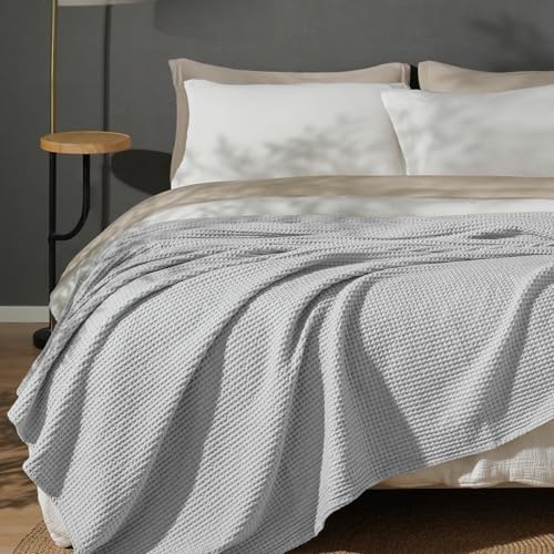 PHF Pre-Washed Cotton Waffle Weave Blanket Twin Size for Bed,Snag Proof Throw Blanket for Couch Spring Summer Lightweight Breathable,Oeko-TEX Certified,Machine Washable,Home Decor Gift-Light Grey