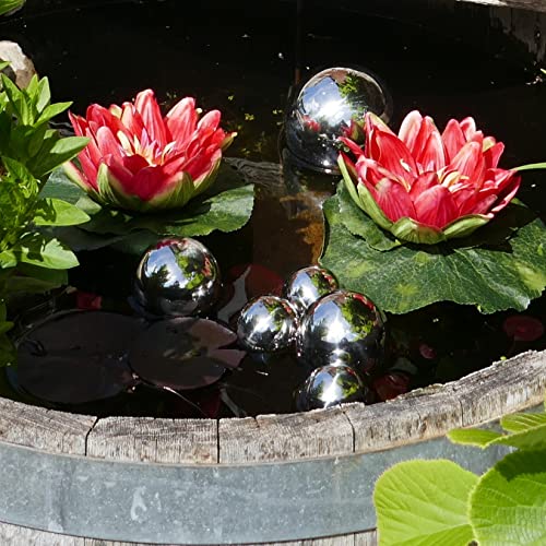 Miniteich Komplettset mit 2 künstlichen Seerosen rot Schwimmkugeln - Teichkugeln in Silber für Teiche und Miniteiche als Teichdekoration Miniteich Komplettset mit 2 künstlichen Seerosen rot Schwimmkugeln - Teichkugeln in Silber für Teiche und Miniteiche als Teichdekoration