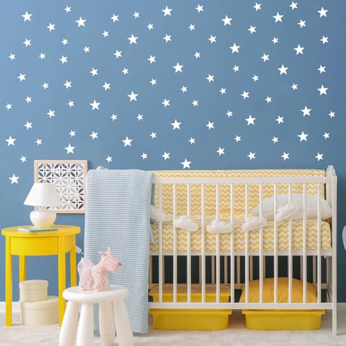 Wall Decals White Stars for Kids Room, 3-4-5centimeter Mix 112 Pcs, Easy to Peel Easy to Stick, Safe On Walls and Paint, Vinyl Decor by Bugybagy. (Matte White)