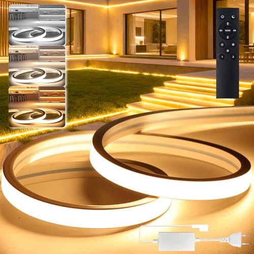 BRIMETI Ruban LED Exterieur Etanche 10M 220V Neon CCT Intérieure Dimmable Flexible Bandeau Jaune/Blanc Naturel/Blanc Bande Outdoor IP65 Extérieur Imperméable Découpable Silicone Inclus Télécommande