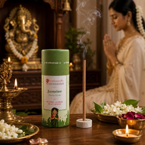 Image of GaneshaSpeaks Bambooless Dhoop Sticks with Jasmine Fragrance | 40 Pieces | Handcrafted by Skilled Artisans | Eco-Friendly | Pure Aroma | Free Ceramic Stand