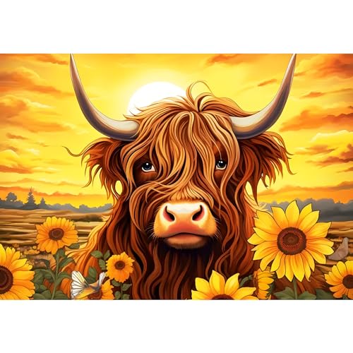 EOBROMD Cow Diamond Painting, 5D Sunflower Diamond Painting Kits for Adults Full Round Drill Diamond Art Kits