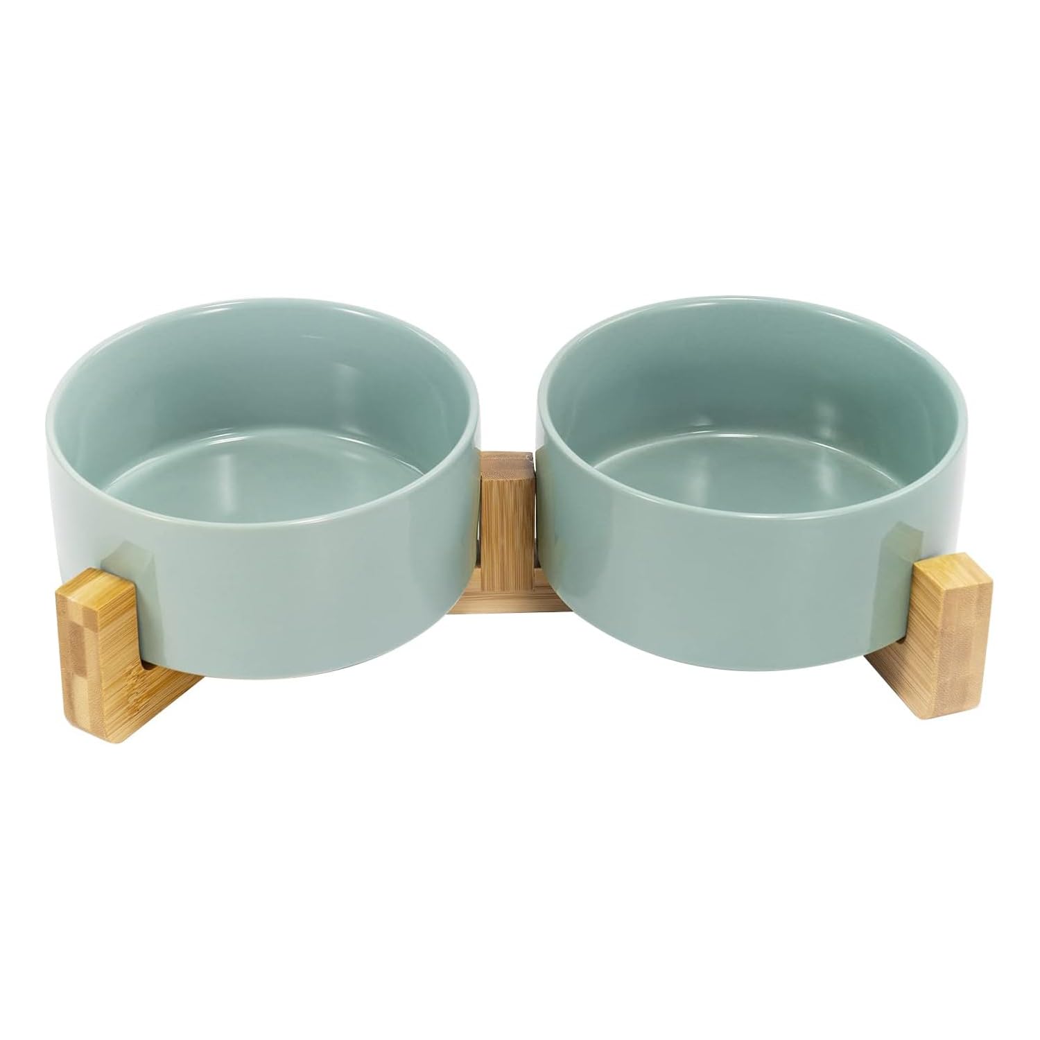 SPUNKYJUNKY Ceramic Dog and Cat Bowl Set with Wooden Stand, Modern Cute Weighted Food Water Set for Small Size Dogs (13.5OZ) & Medium Sized Dogs (28.7OZ) & Cats (3.6 Cups, 2 × Morandi Green)