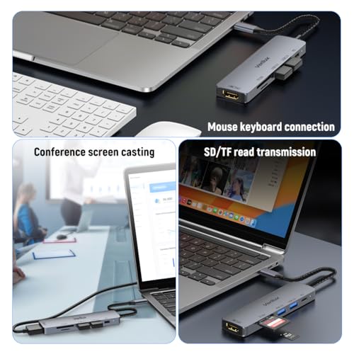 Image of Verilux 6 in 1 USB C Hub Adapter with 4K HDMI 30Hz, 100W PD Fast Charging, Dual USB 3.0 Ports, SD /TF Card Reader, Multiport Converter for Laptops, SSD Enclosure, Monitors