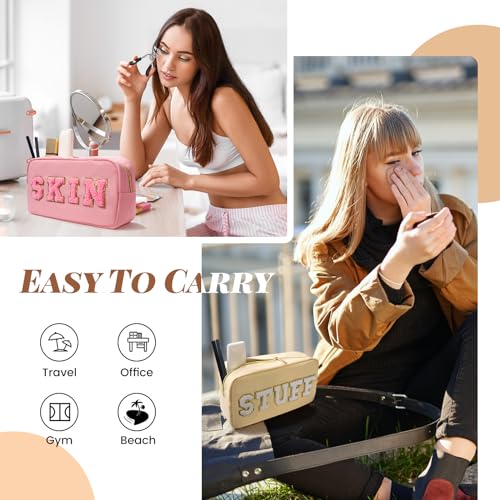 CasaCulina 4Pcs Preppy Makeup Bags Set, Cute Varsity Makeup Pouchs, Travel Cosmetic Bags Sewn with Skin/Hair/Face/Stuff Chenille Letter, Portable Nylon Zipper Toiletry Pouch Gifts for Girls Women