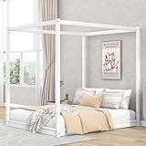 MaiDeHaoo Queen Size Canopy Bed Frame, Wood Floor Canopy Bed Frame, Four Poster Canopy Platform Bed with Wooden Slats Support for Adults, 4-Poster Bed, Wood Floor Bed Frame with 4 Posters, White