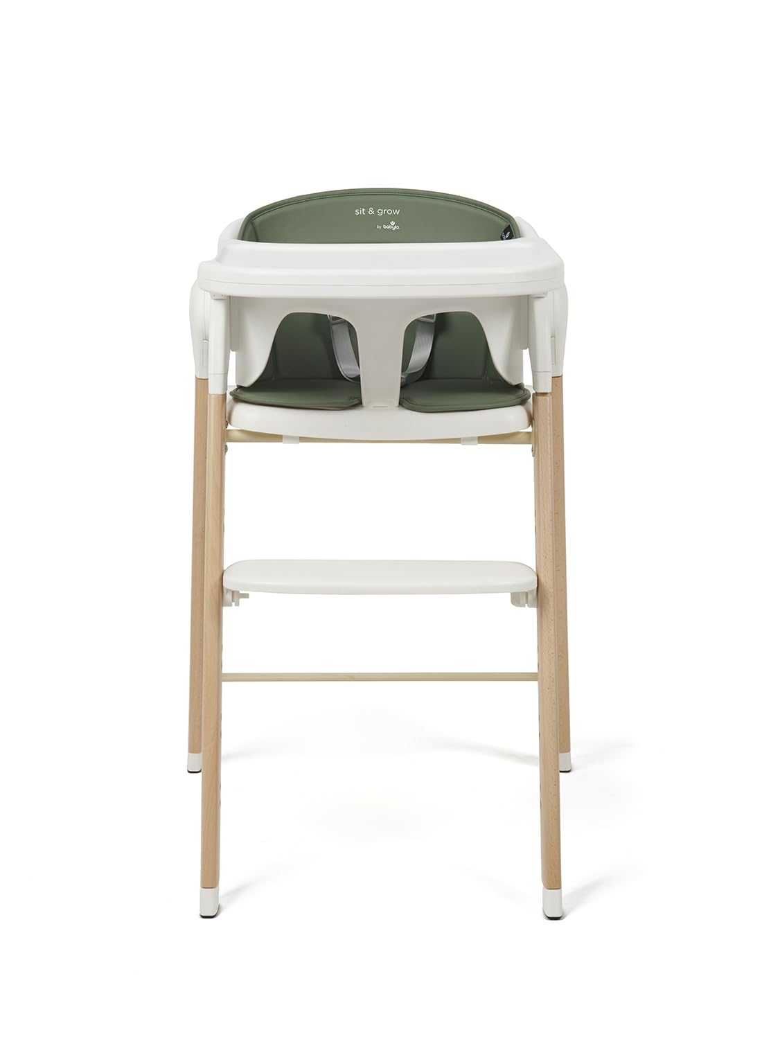 Babylo Sit & Grow - Trona y asiento infantil con arnés seguro y reposapiés, forro acolchado extraíble y bandeja para una fácil limpieza, color blanco y verde