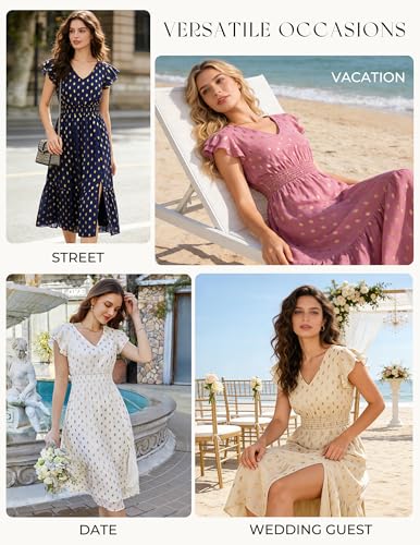 Image of GRACE KARIN 2026 Womens Summer Dresses V Neck Ruffle Sleeve Floral Boho Beach Dress A-Line Swing Midi Wedding Guest Sundress