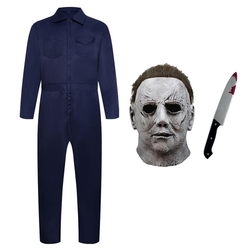 ELINA Michael Myers Halloween Carnaval Scream Cosplay Costume avec Sanglant Plastique Jouet Couteau et Latex Masque