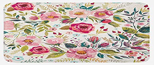Lunarable Floral Kitchen Mat, Shabby Form Flowers Roses Petals Dots Leaves Buds Spring Season Theme Image Artwork, Plush Decorative Kitchen Mat With Non Slip Backing, 47" X 19", Magenta #TOP28