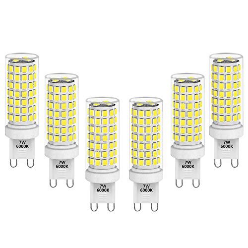 Dimmable G9 GU9 LED Capsule Corn Light Bulbs 7W 650Lm 60W Halogen Bulb Replacement ETL Listed Cool White 6000K Flicker Free 0~100% Brightness Dimmable Available AC110-130V 6 Pack by Enuotek