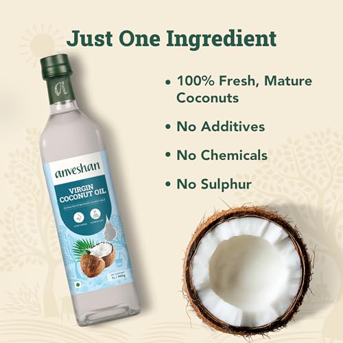 Image of Anveshan Cold Pressed Virgin Coconut Oil 1L | Glass Bottle | Unrefined Cold Pressed Virgin Coconut Oil, Naturally Cholesterol Free, Kolhu /Kacchi Ghani /Mara Chekku /Ganuga, Rich Aroma & Flavour of Real Coconuts