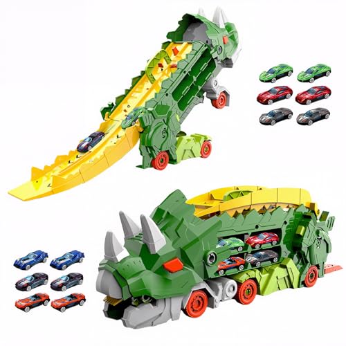 Warmiehomy Dinosaur Transport Truck Toys for or 3 4 5 6 7 Year Old Boys Truck Transporter with 12 Race Cars Portable Race Track Carrier Vehicles Gift Toy for Kids Christmas Birthday Party