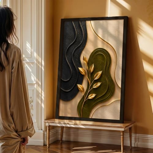 Image of NoWorries 3D Abstract Botanical Wall Painting with Frame Set of 1 | Premium Textured Gold Leaf Artwork, Modern Black Green Beige Nature Wall Decor for Living Room, Bedroom, Office and Home Decoration (3d Art-19,13x19inch)