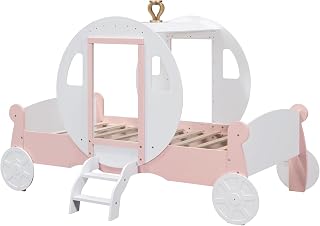 Twin Size Princess Carriage Bed with Crown,Wood Platform Car Bed with Stair,White+Pink