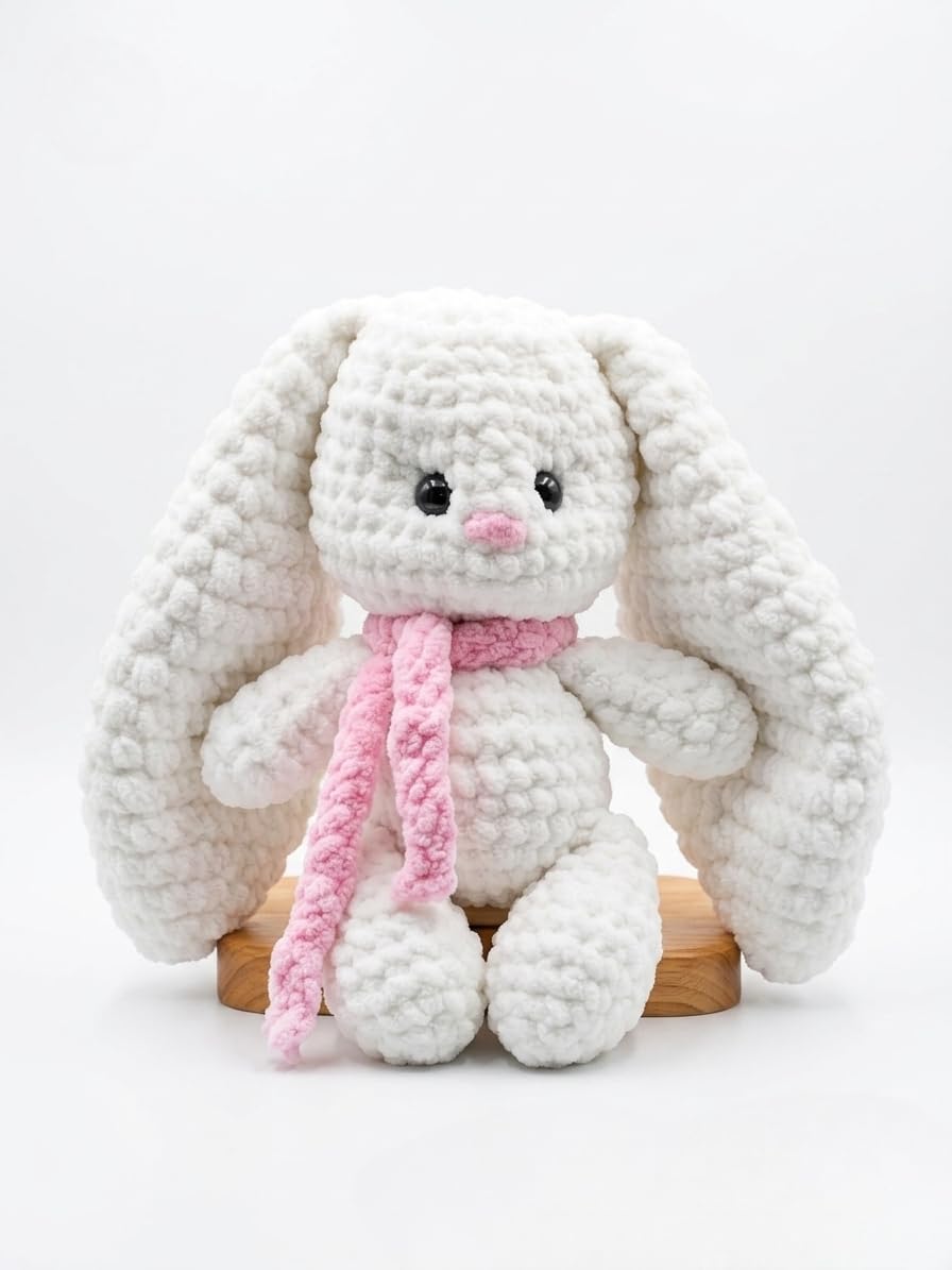 Handmade Crochet Bunny Soft Toy with Scarf | Amigurumi Rabbit Plush | Cute Stuffed Animal Gift for Kids, Baby Shower, Birthday Valentine Day (White, 12 inch)-image-6