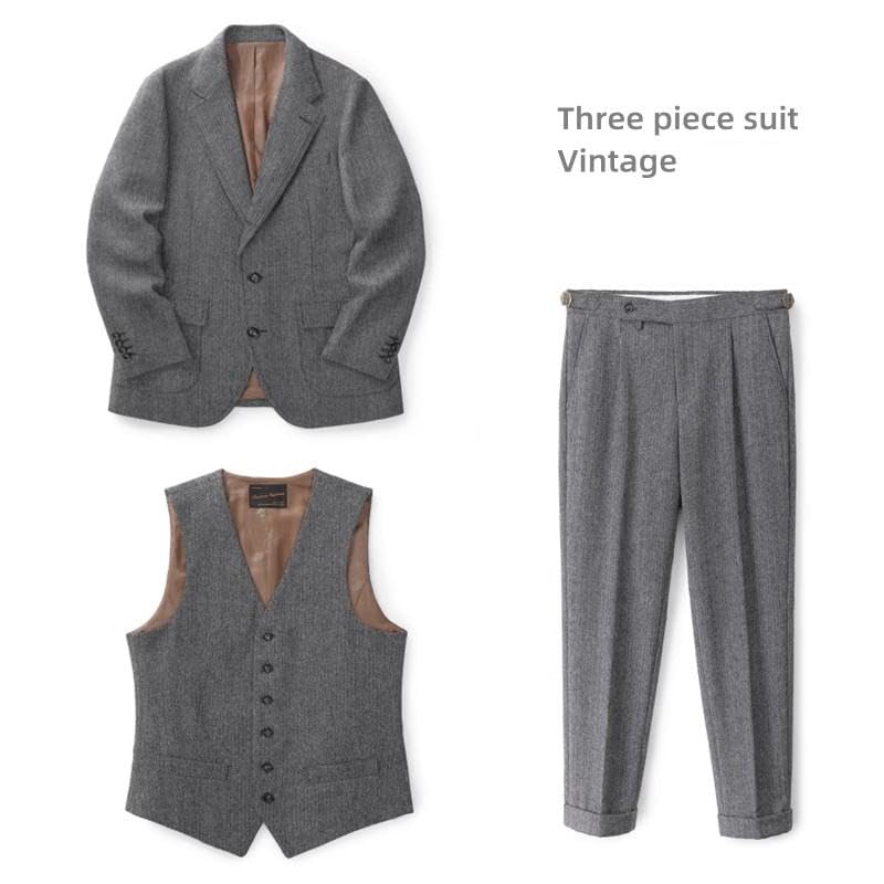 SevenBoy Retro 3 Piece Suit Tweed Herringbone Men's Suits Slim Fit Groom Tuxedos Set Prom Jacket Blazer Vest Pants4